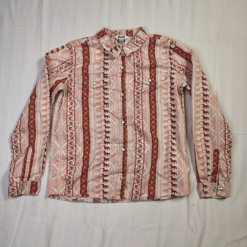 Wrangler Western Snap Shirt Kids XL Terracotta Pink‎ Horse Southwestern Print